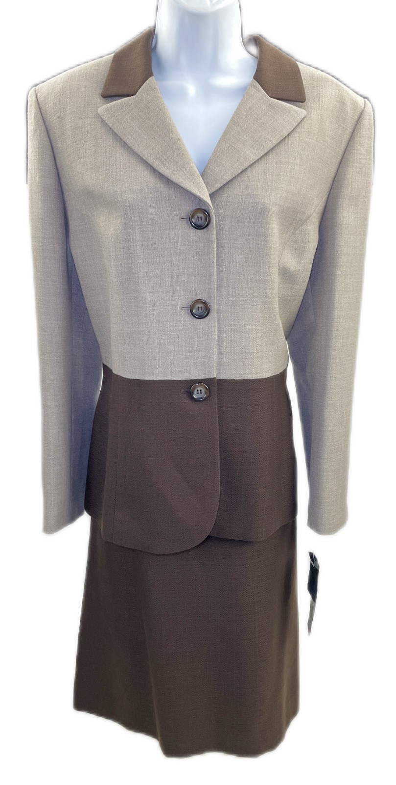 16P Le Suit Brown Two Pc Skirt Suit Jacket Blazer Career Wool Blend
