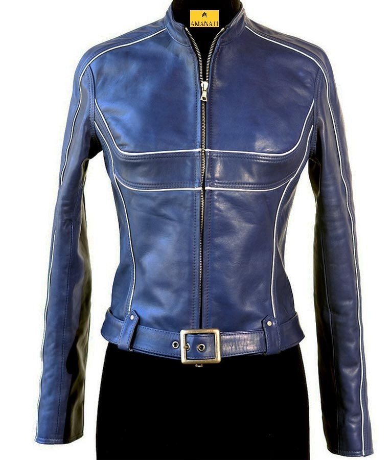 Leather Jacket Women\'s Biker Lambskin Motorcycle Women Slim Hood Moto Blue 14