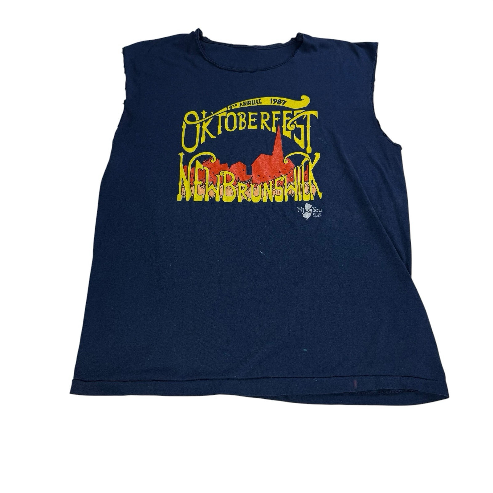 Vintage 1987 Oktoberfest New Brunswick NJ Sleeveless Graphic T Shirt 80s Navy