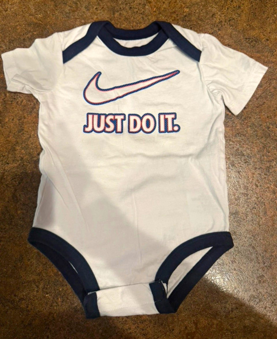 Nike Just Do It Logo Bodysuit White/Blue Short Sleeve Cotton Snap 0-3M