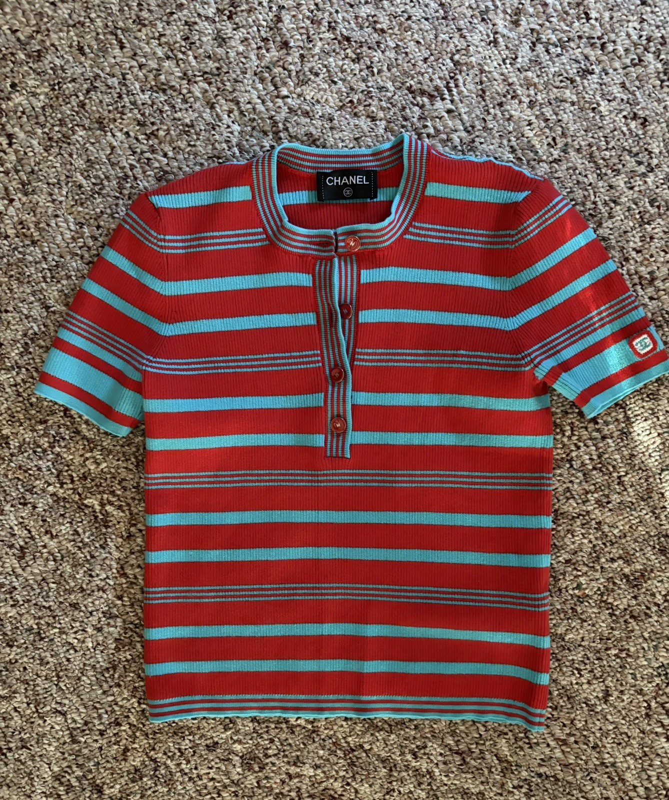 Chanel Women’s Cotton Stripes CC Logo Top Sweater Size 40