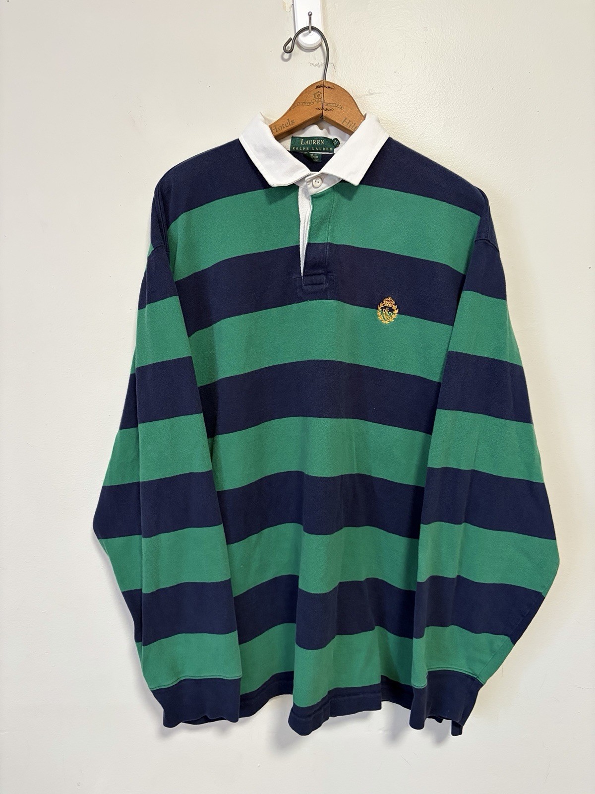 Vintage 90s Polo Ralph Lauren Striped Green Navy Rugby Shirt Size XL Crest