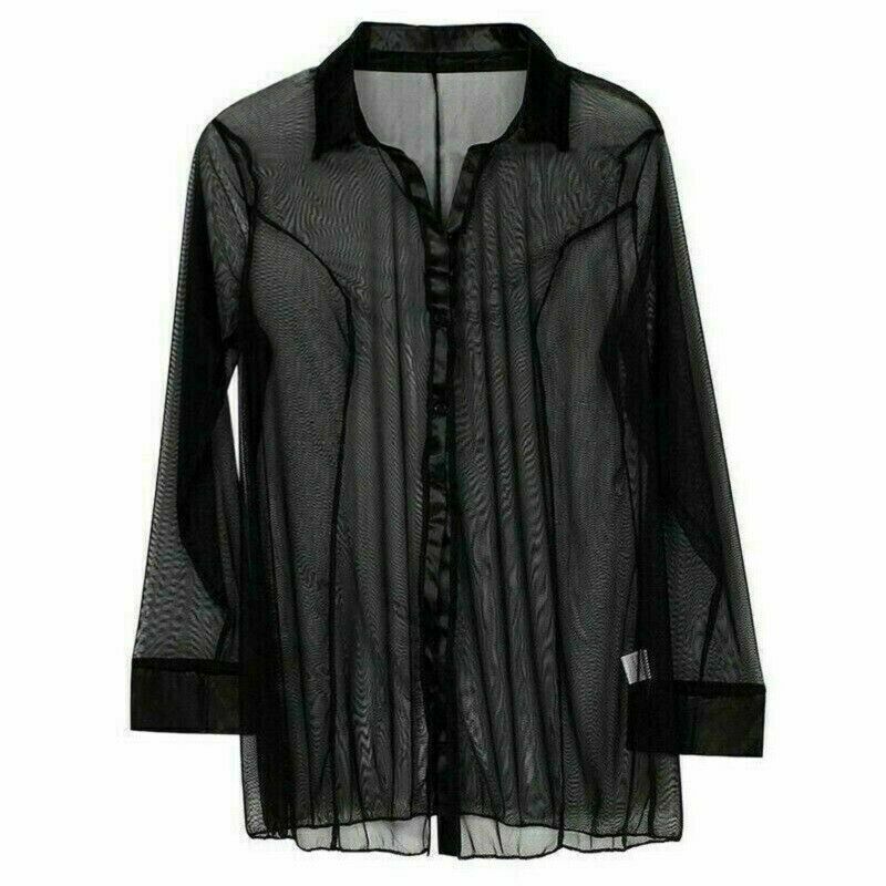 Women's Sheer See Through Button Down Long Sleeve Mesh Lace Shirt Blouse Top