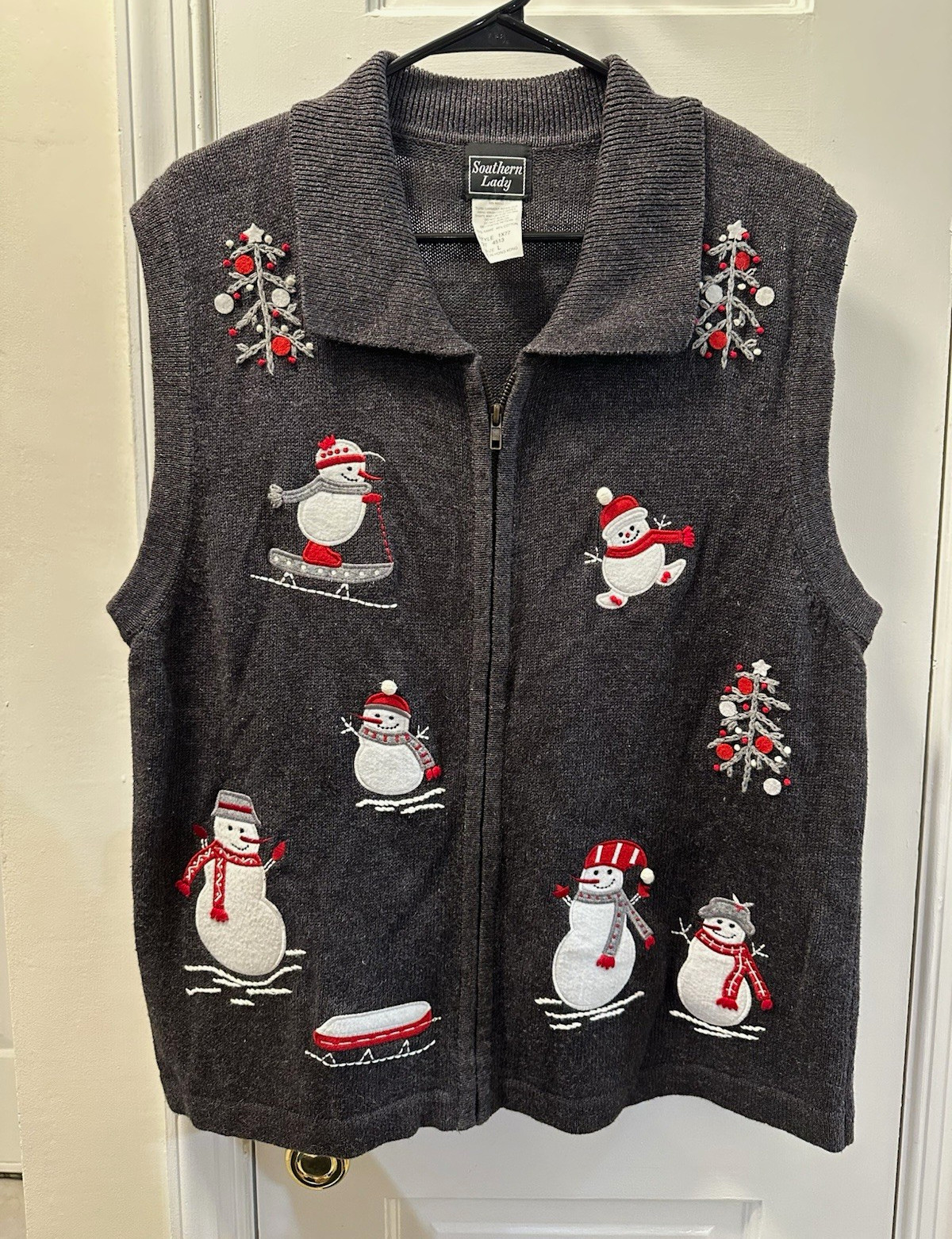 Southern Lady Gray Full Zip Rib-Knit Sweater Vest Embroidered Snowman L