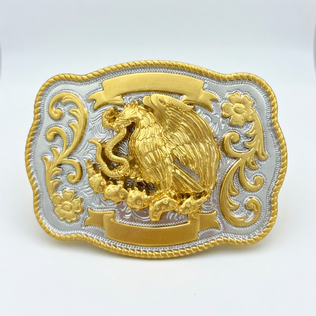 Escudo Mexicano Belt Buckle –  Golden and silver Tones Mexican Eagle Hebilla 