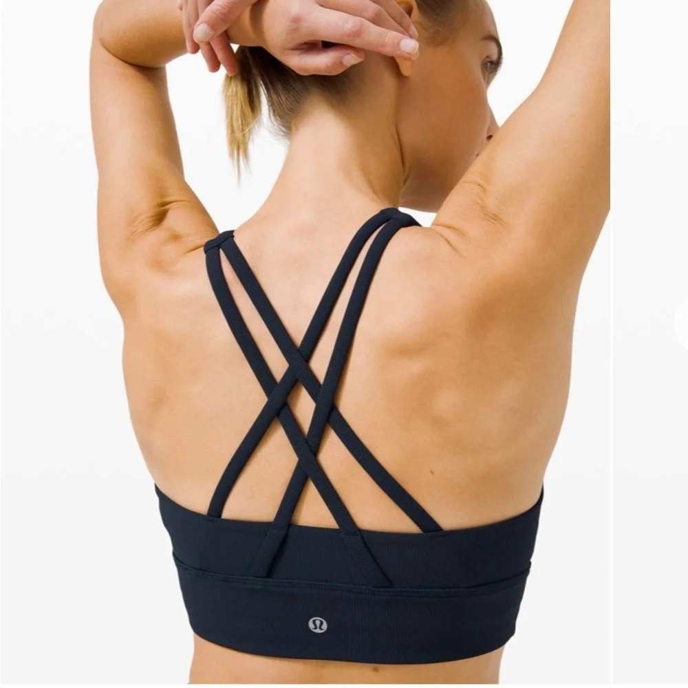 Lululemon Energy Bra High Neck Ribbed Strappy Sports Bra Women Size 6 True Navy