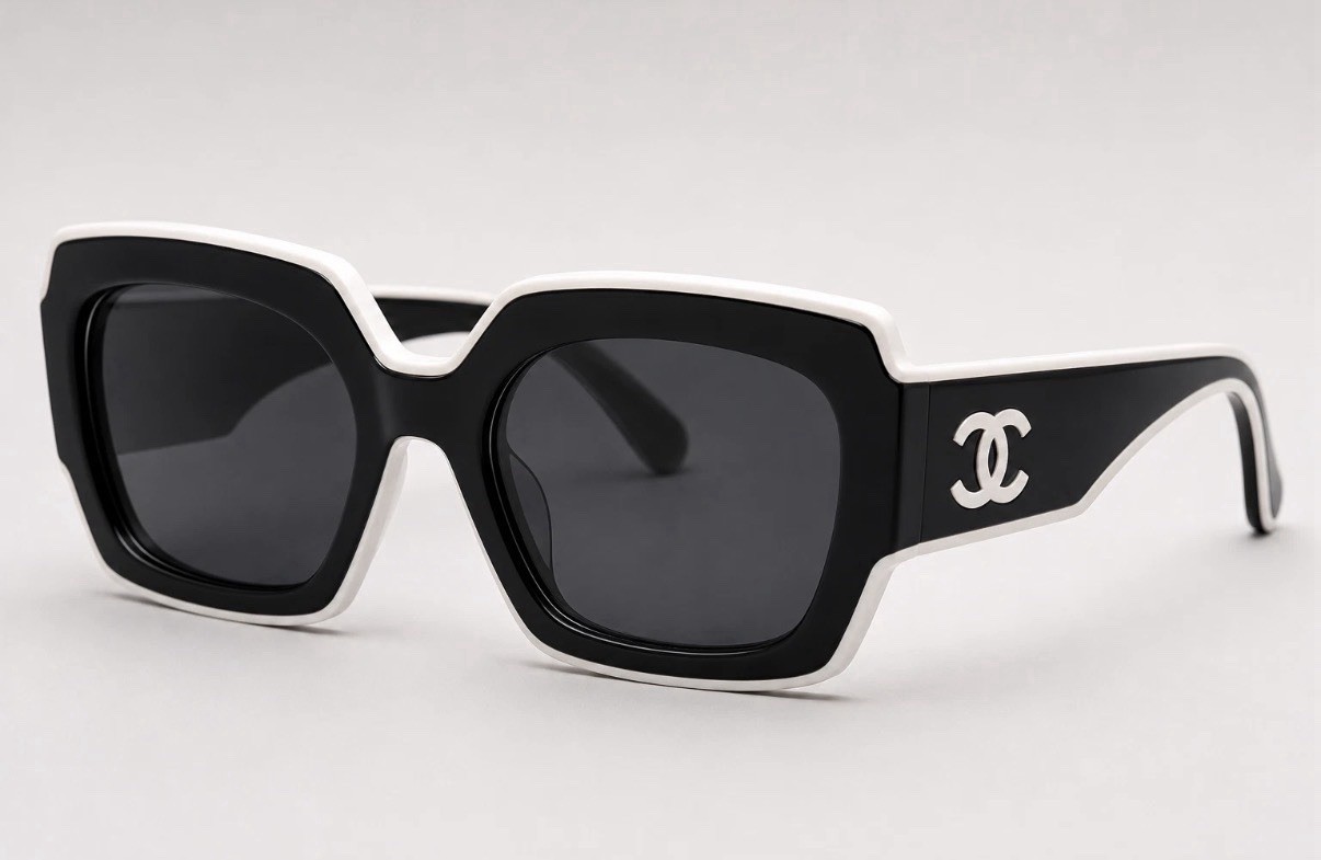CHANEL Women White and Black Square Oversized Sunglasses Gray Tinted Lens Logo