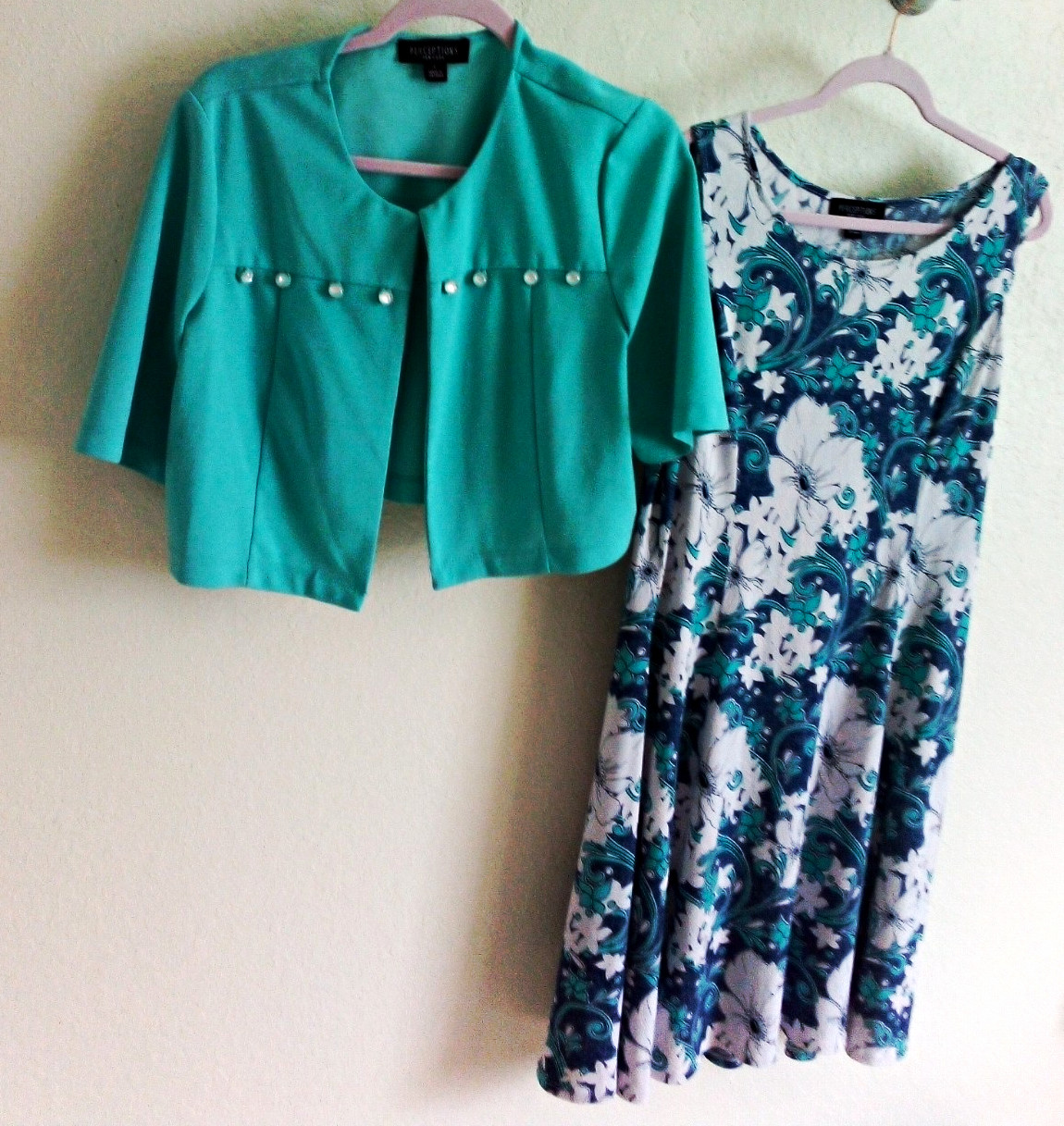 Perceptions New York Women’s Turquoise Floral Knit 2pc Dress & Jacket Set Large
