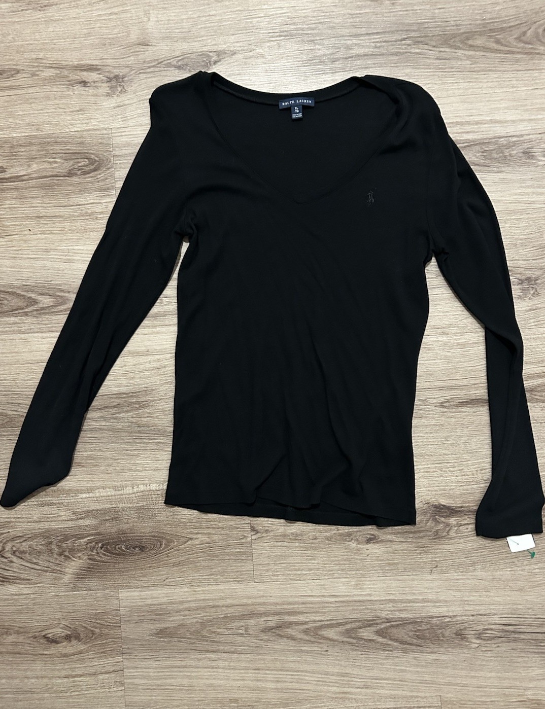 RALPH LAUREN Womens Cotton Minimalist Black V-Neck Long Sleeve Shirt Sz XL