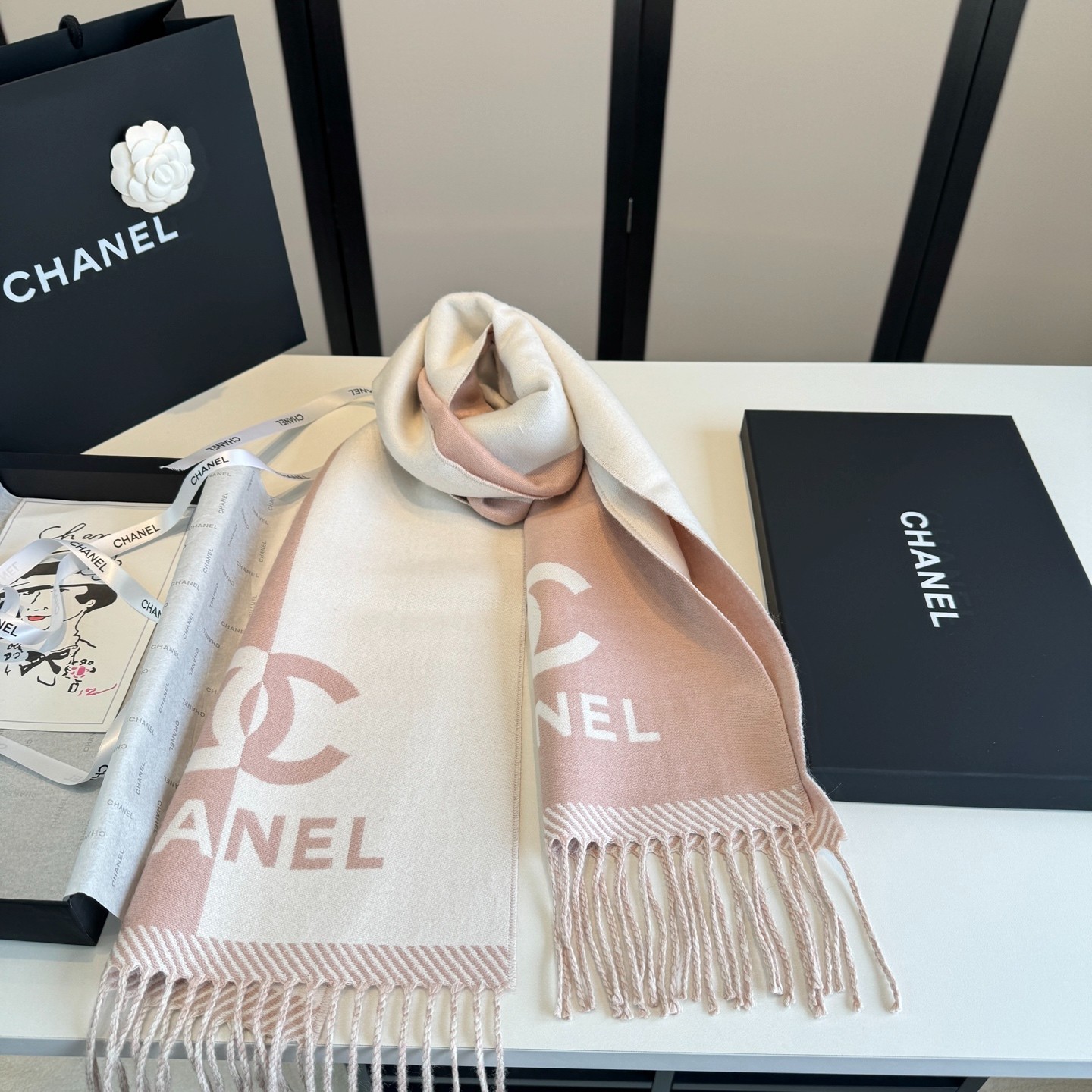 Chanel CC Logo Reversible Scarf Pink Ivory Merino Wool Unisex 184x34cm