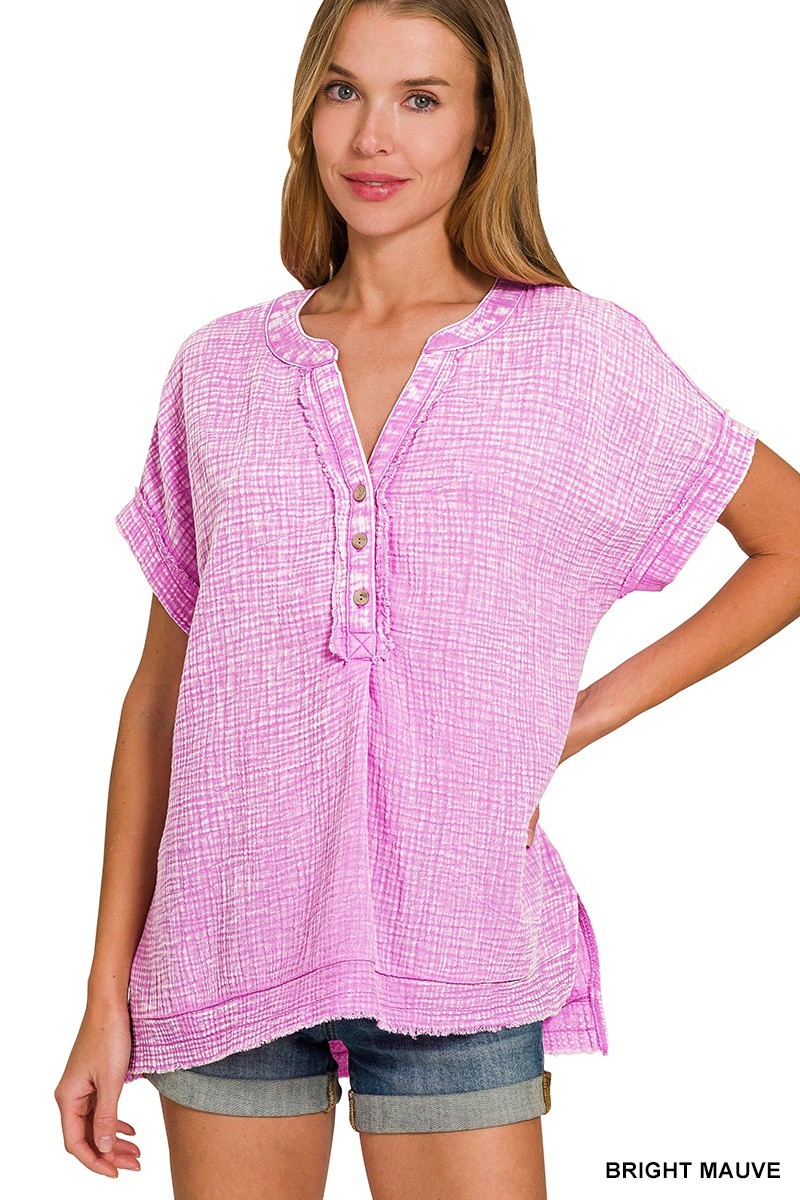 Zenana Washed Double Gauze 3/4 Button Henley Neck Shirt NWT QTW-7139A