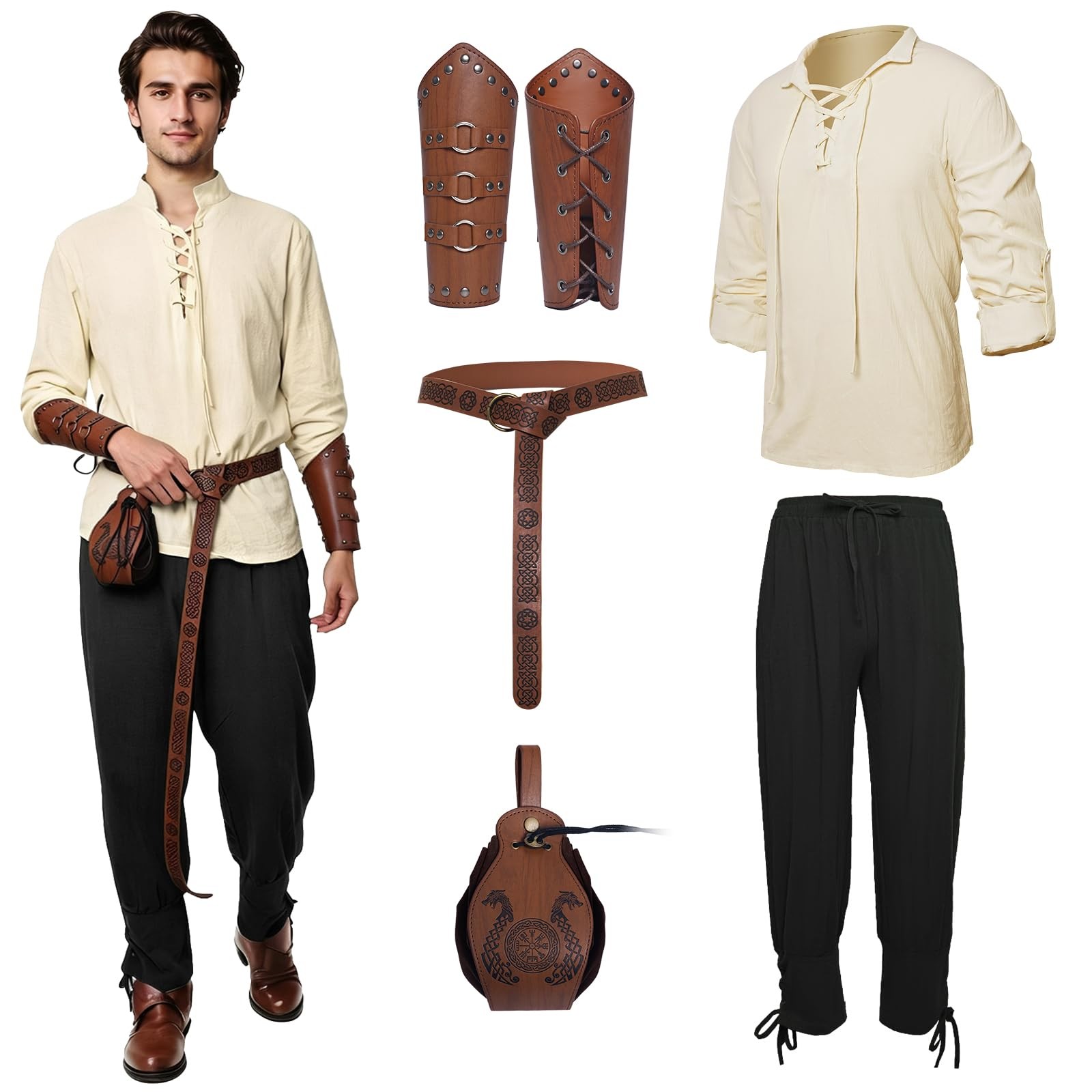 5 Pcs Men's Medieval Renaissance Pirate Costume set for Halloween