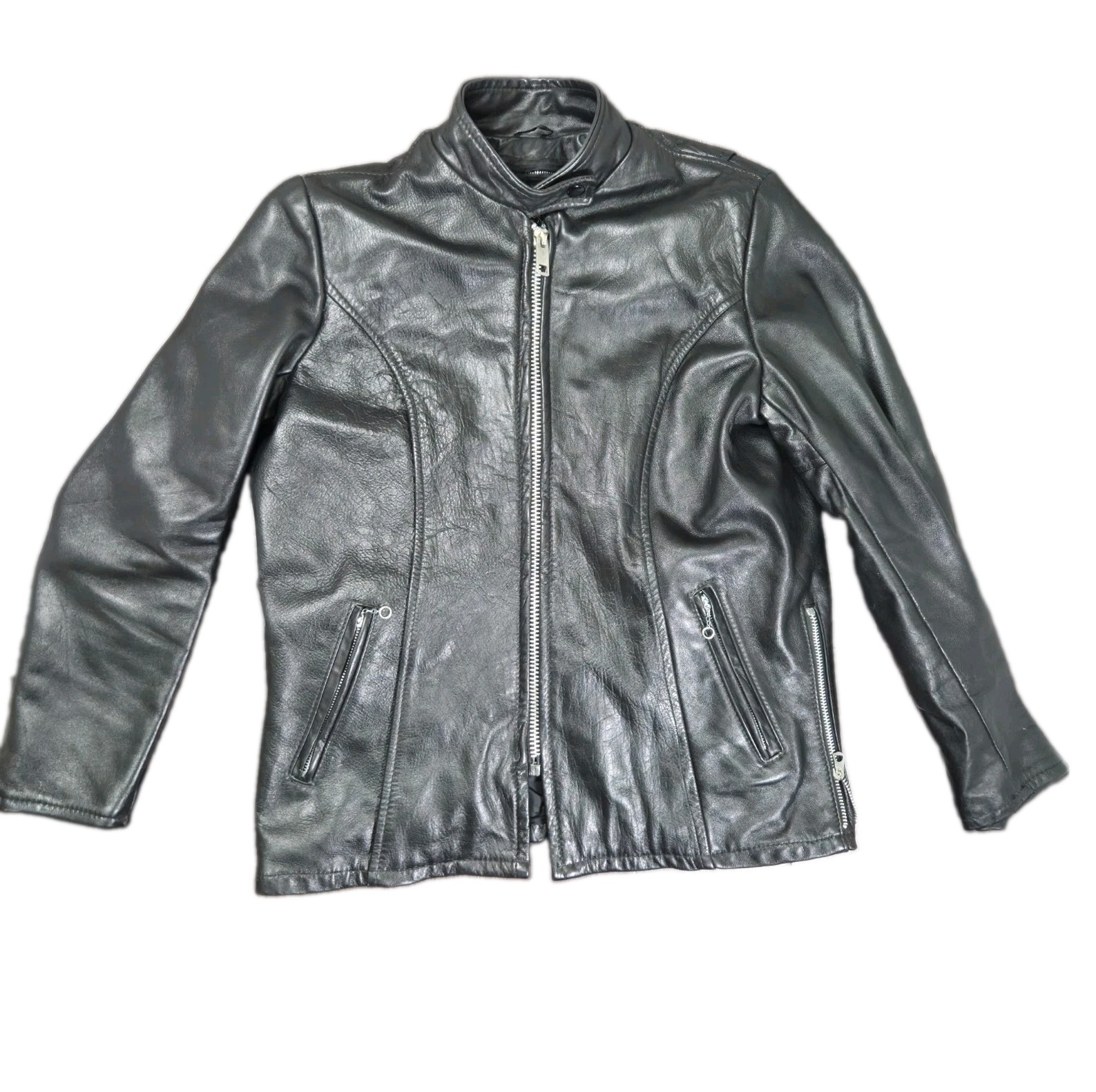 Vintage Lesco Leathers Black Cafe Racer Motorcycle Jacket & Liner Womens M USA