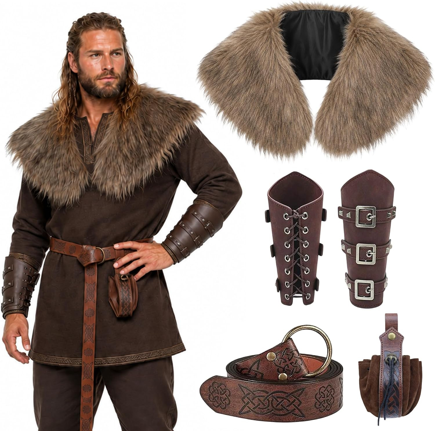 5PCS Mens Viking Costume Accessories Faux Fur Shawl Leather Bracers Belt
