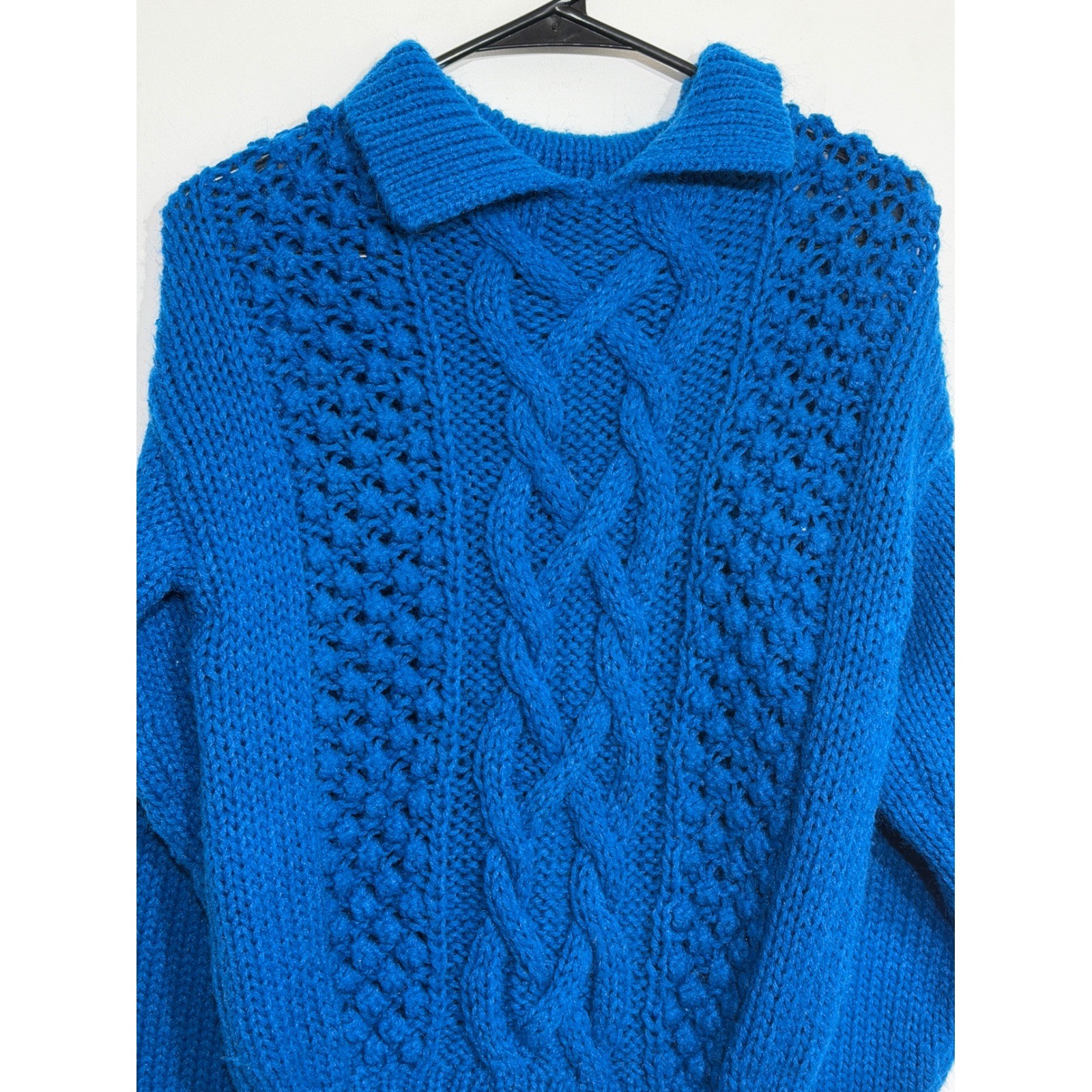 OHI Vintage 80s Cobalt Blue Chunky Cable Knit Popcorn Sweater Collared Womens M