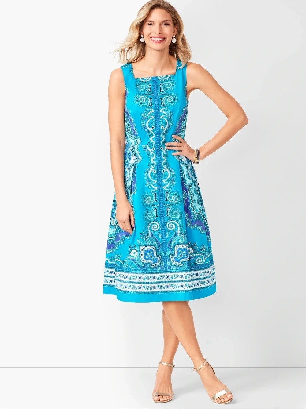 NEW rsvp by Talbots Size 18 Sateen Blue paisley pleated cotton tea dress, $169