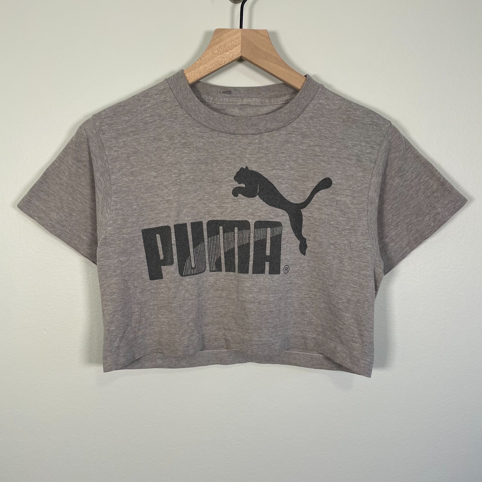 80s Vintage Rare Puma Crop T Shirt Gray Size Medium Missing Tag