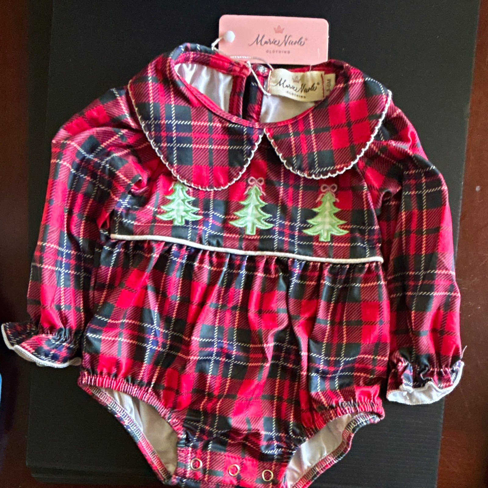 Marie Nicole Girls Plaid Romper 3-6M Red/Black Embroidered Christmas Tree