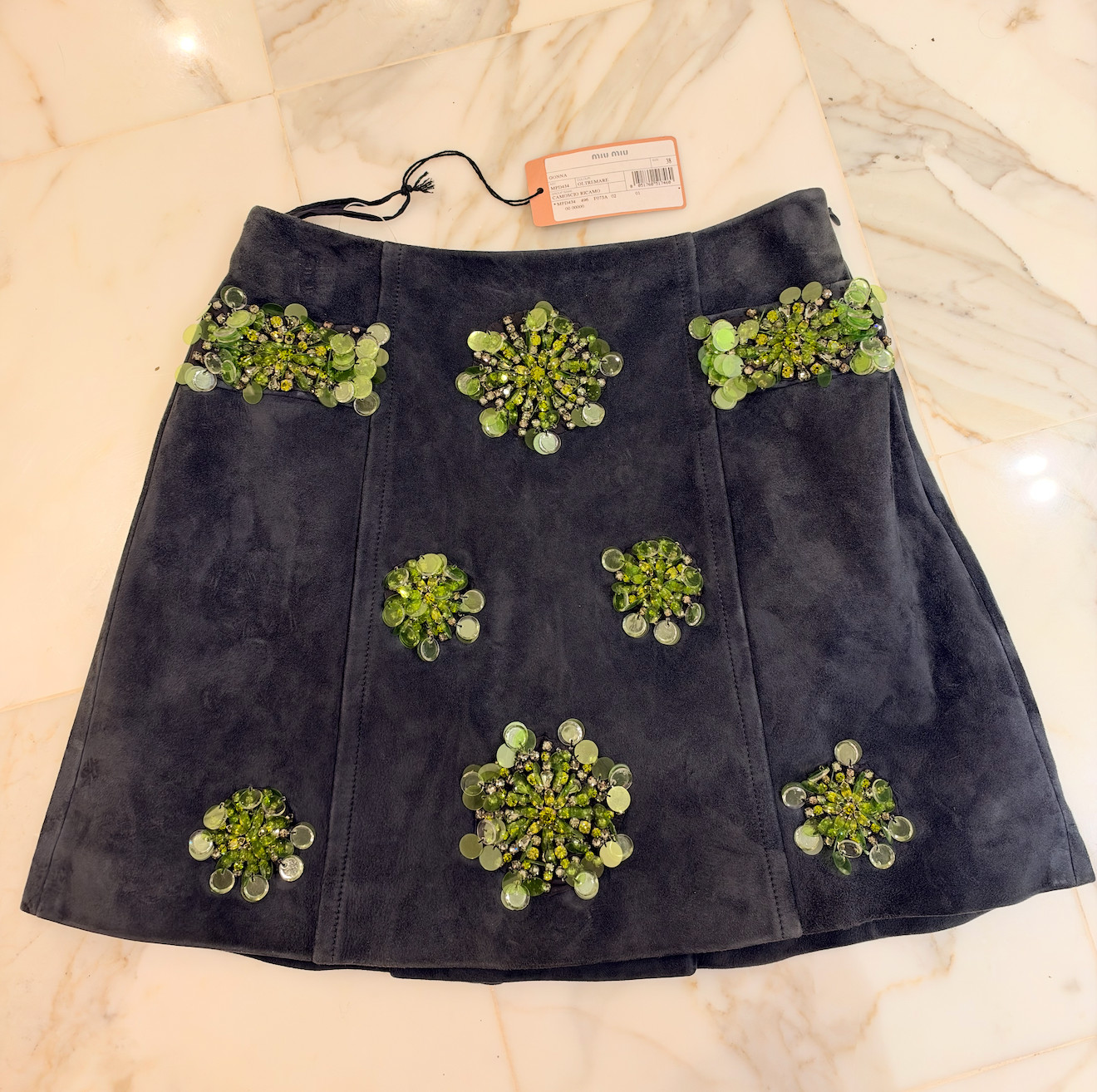 Miu Miu 2015 Cruise Collection Gray Suede Mini Skirt with Green Embellishments