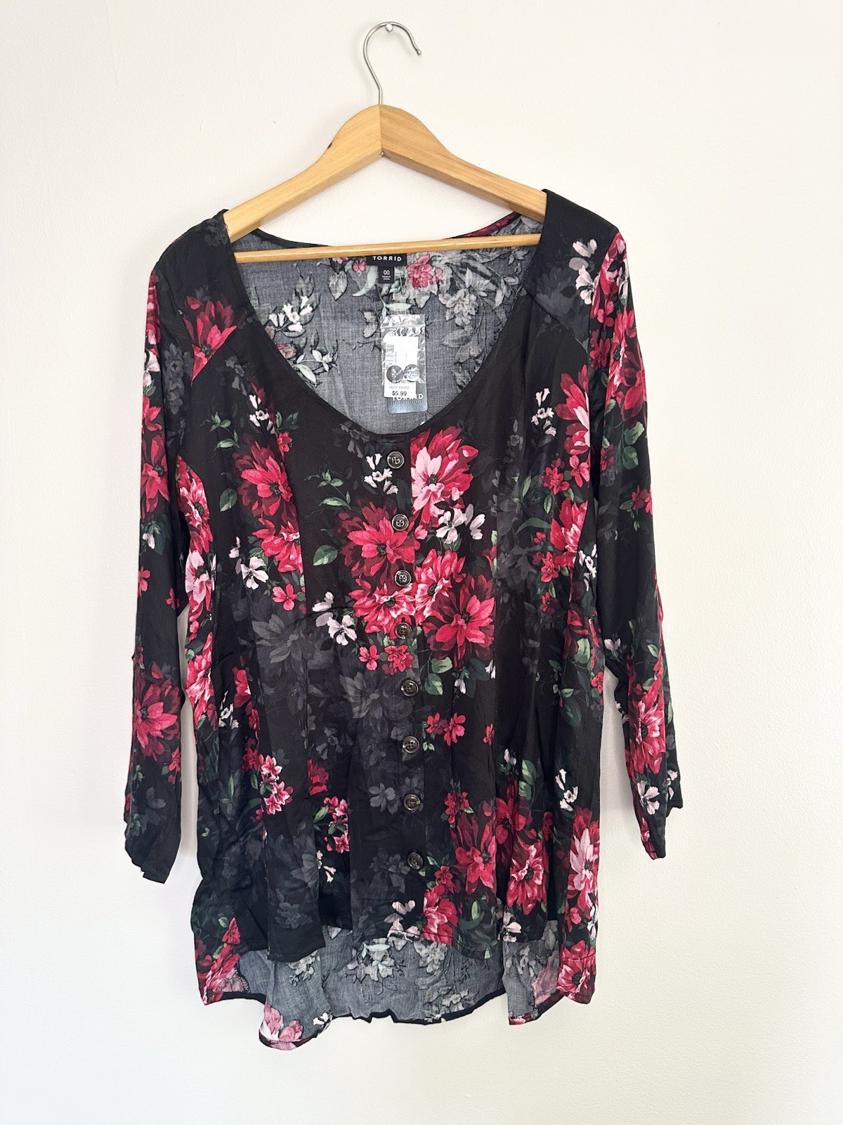 Torrid Women’s Blouse Button Up 3/4 Sleeves Floral Fit N Flare Sz 00 (M/L, 10)