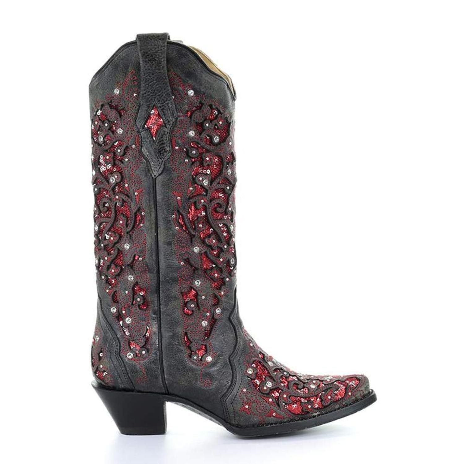 Corral Women's A3534 Black Red Glitter Inlay Crystal Snip Toe Cowboy Boots