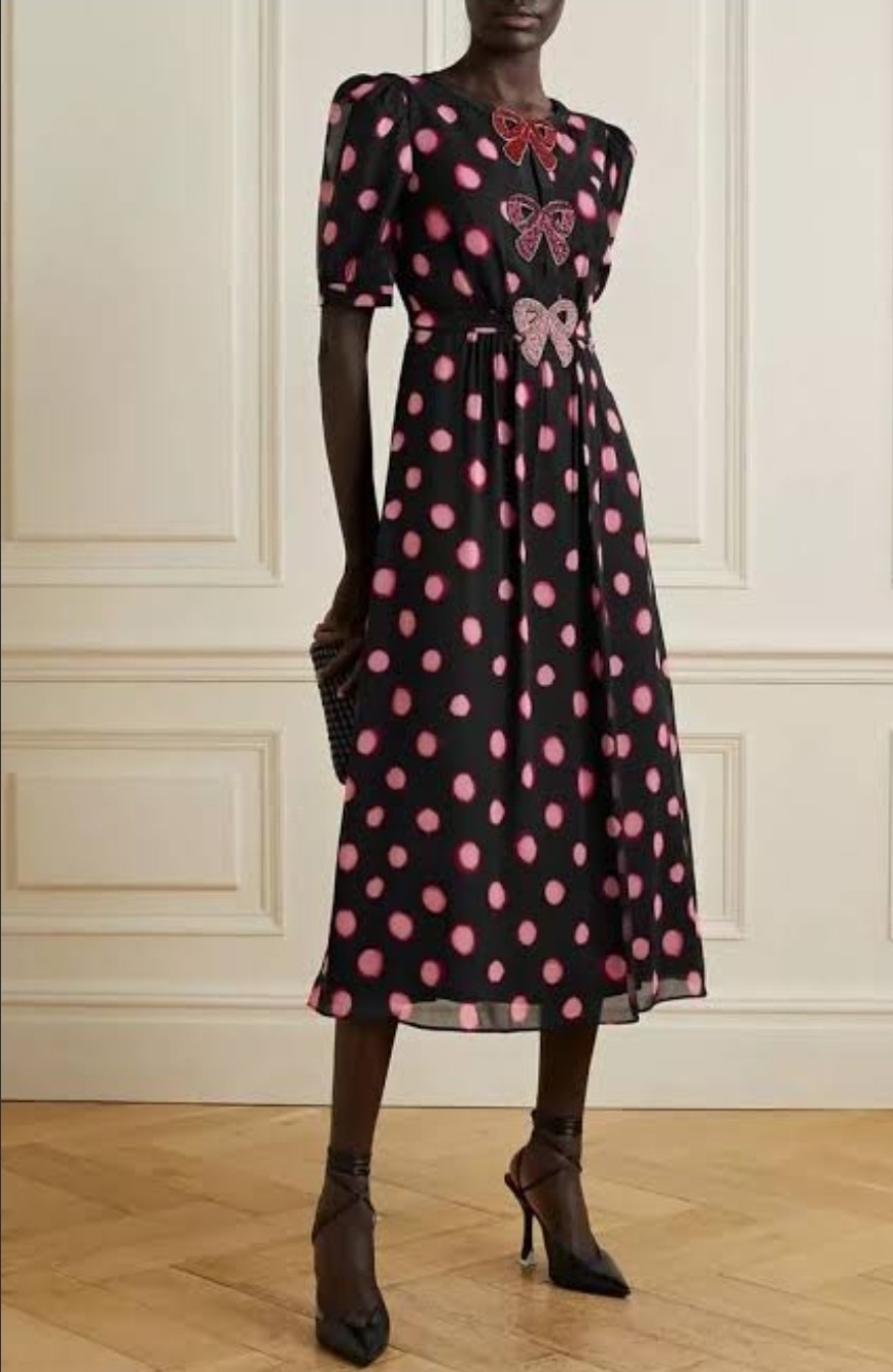 NWT $1001 Saloni Blush Jamie Bow-Applique Polka-Dot Silk Georgette Dress  SZ 6