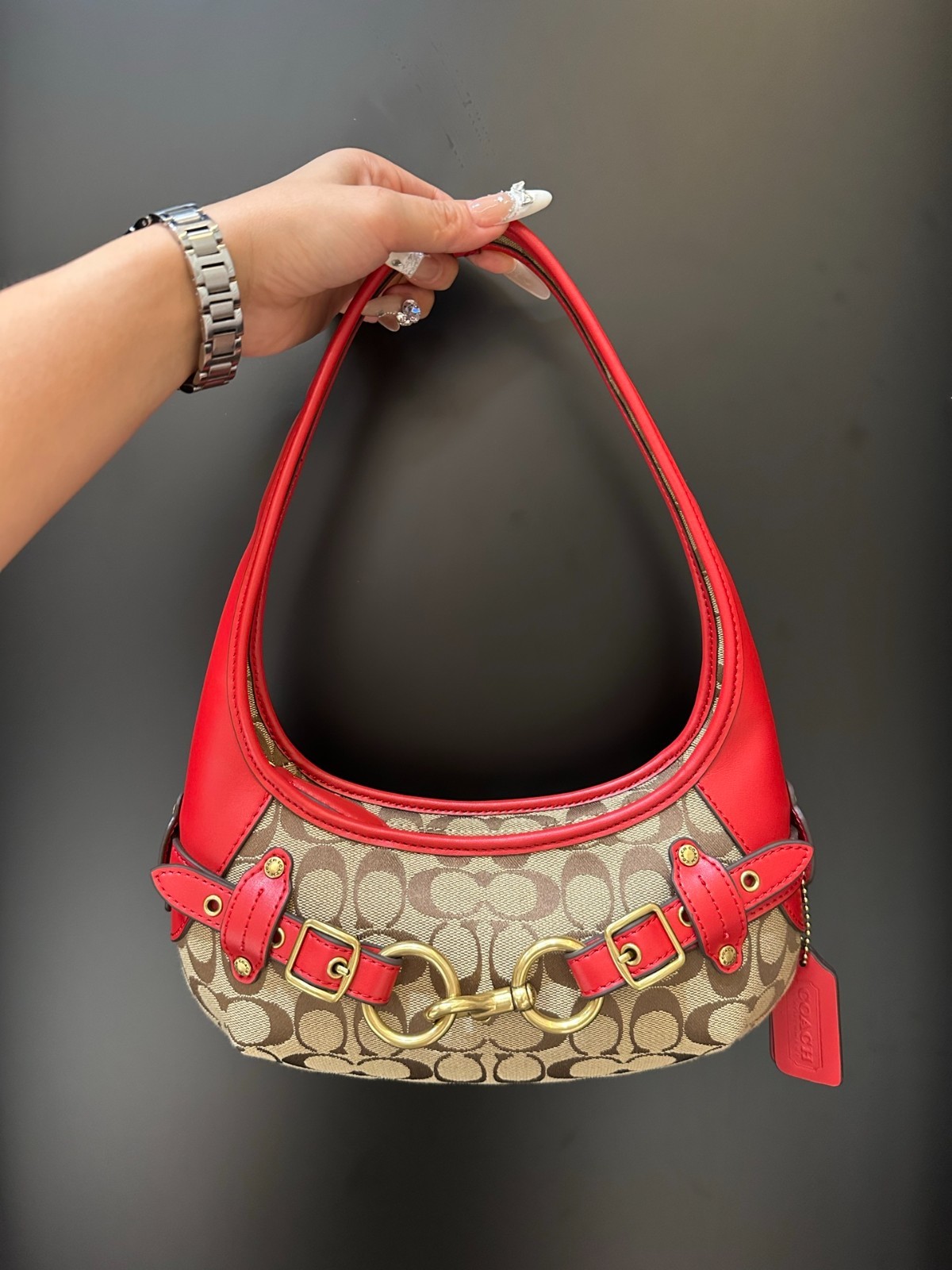 Coach Belted Ergo 26 Shoulder Bag Signature Jacquard Khaki Red Leather Hobo