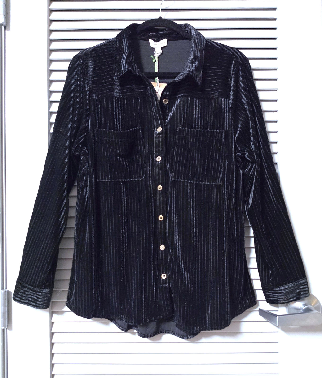 black ribbed velvet button down shirt top 1XL
