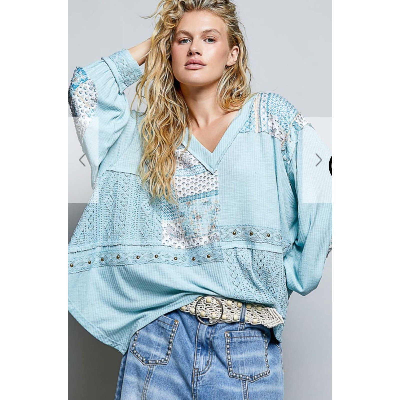 POL Small Patchwork Lace Thermal Top Aqua Blue Boho Oversized NWOT