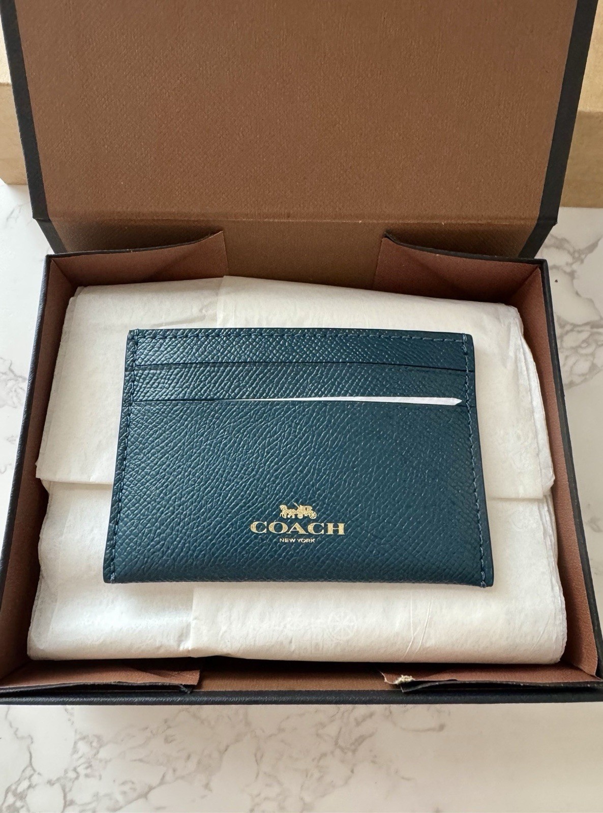 NWT IN COACH BOX Coach Crossgrain Leather Flat Minimalist Card Case Green $68