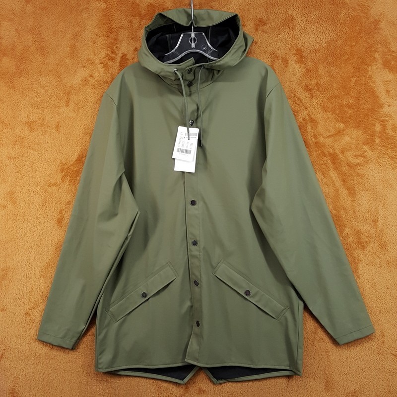 RAINS Jacket Medium Green Hooded Raincoat Mid Length Essential Rain Coat Unisex