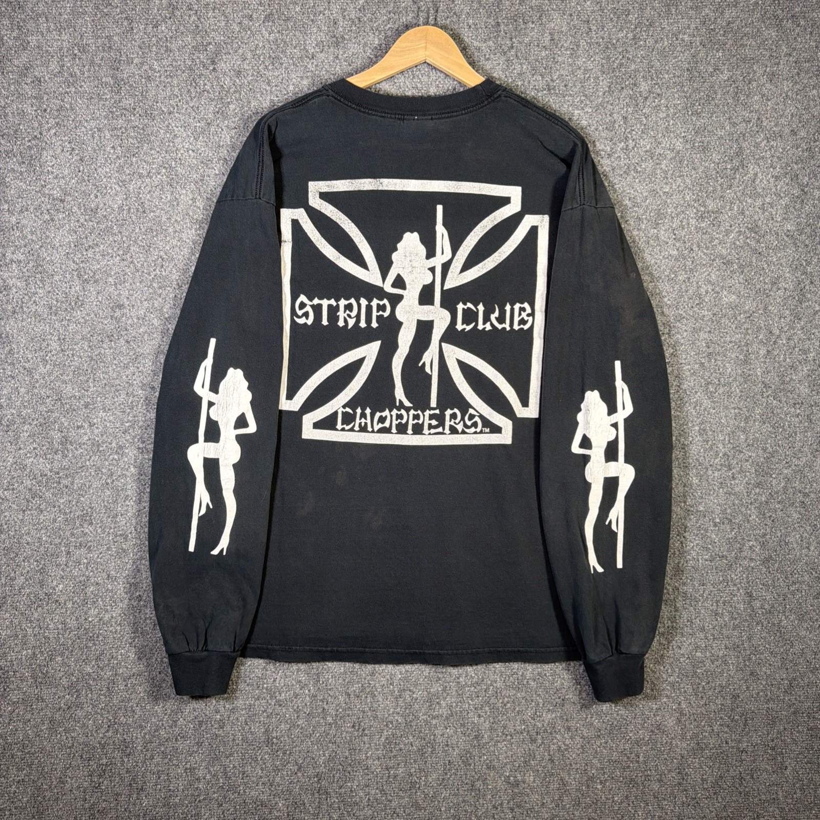 Vintage West Coast Choppers Shirt XL Black 90s Faded Strip Club Rare Long Sleeve