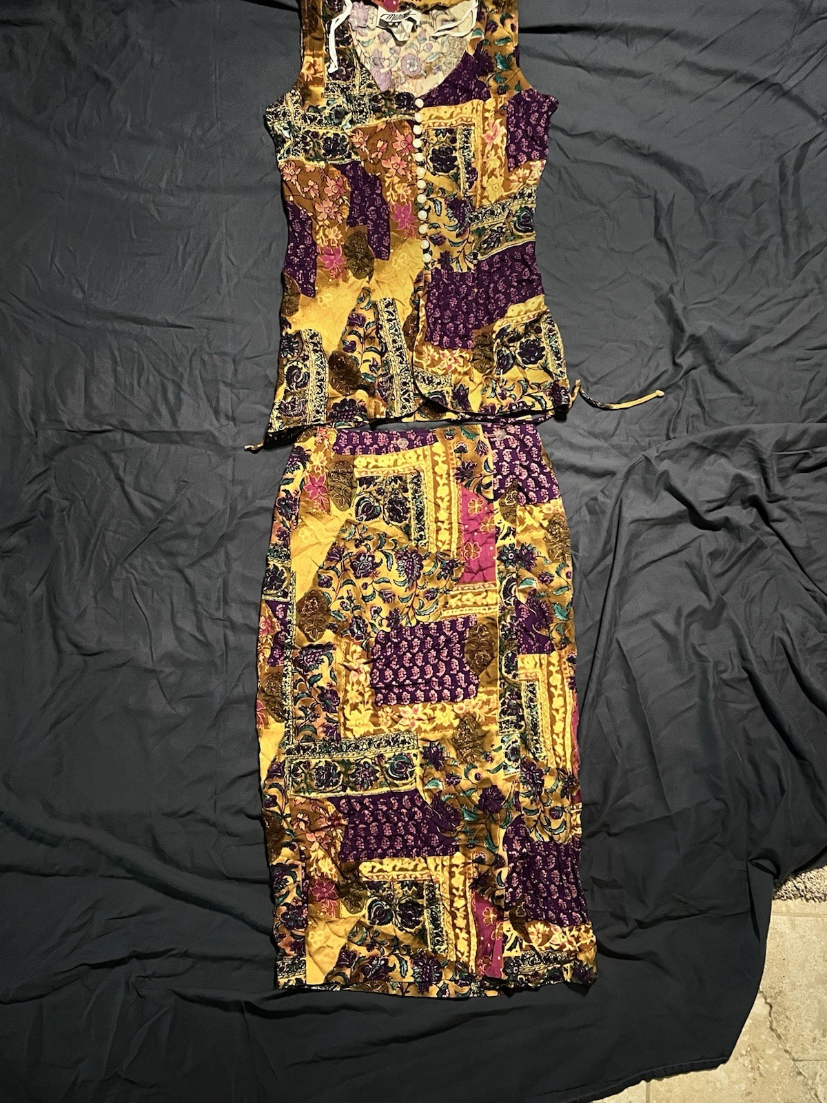 NWT Vintage Marnie West 7/8 Floral Patchwork Print Top Wrap Midi Skirt Set Rayon