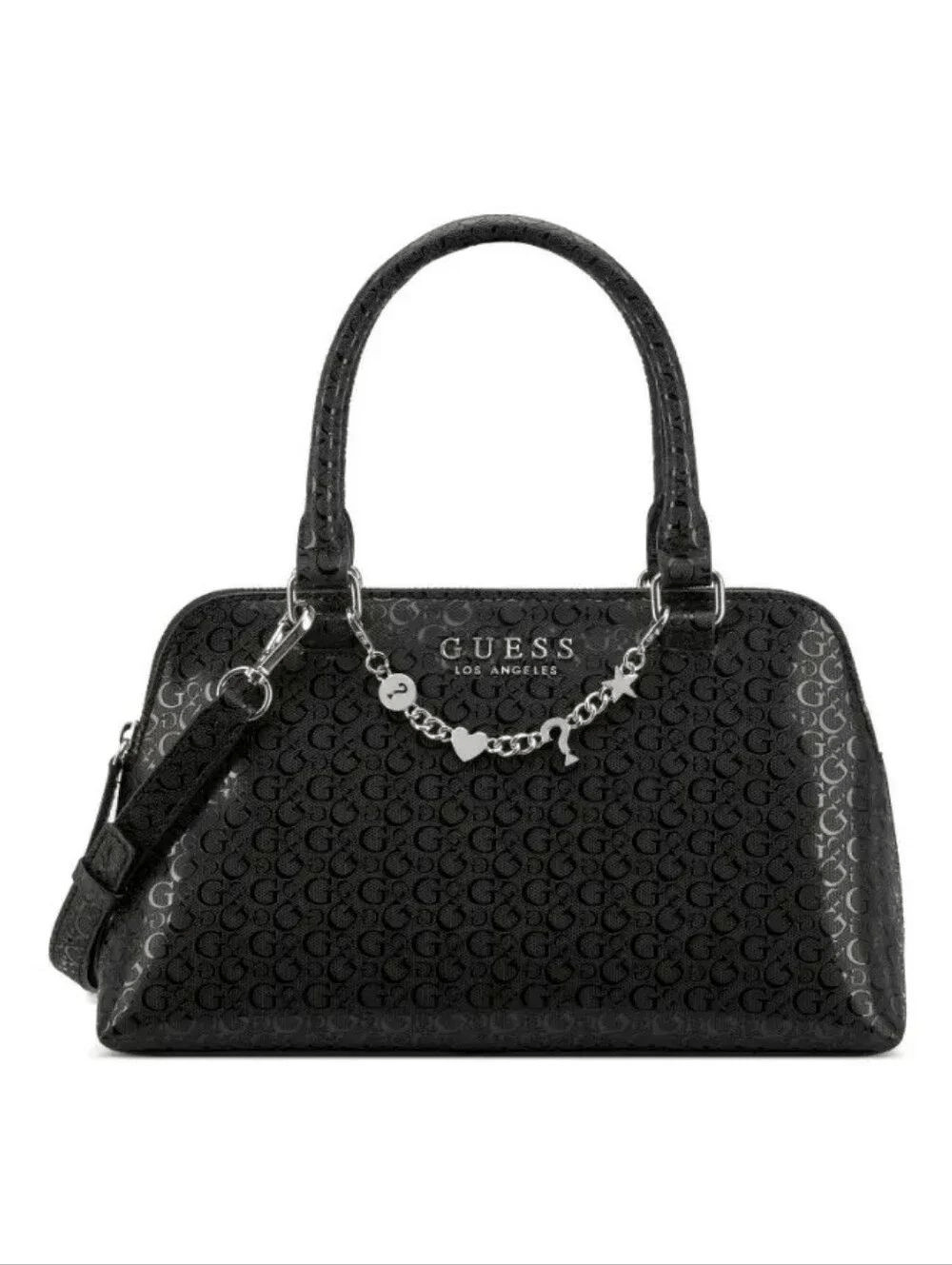 GUESS Black Logo-Print Satchel with Silver Charm Chain