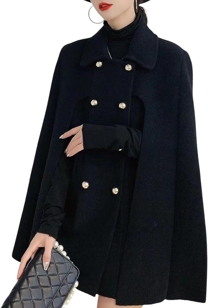 Women\'s Elegant Poncho Double-Breast Slit Sleeve Flowy Wool Blend Cape Cloak Coa