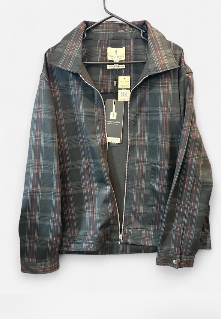 NWT Scott James England Plaid Full Zip Jacket Men’s XL Black Burgundy Gray