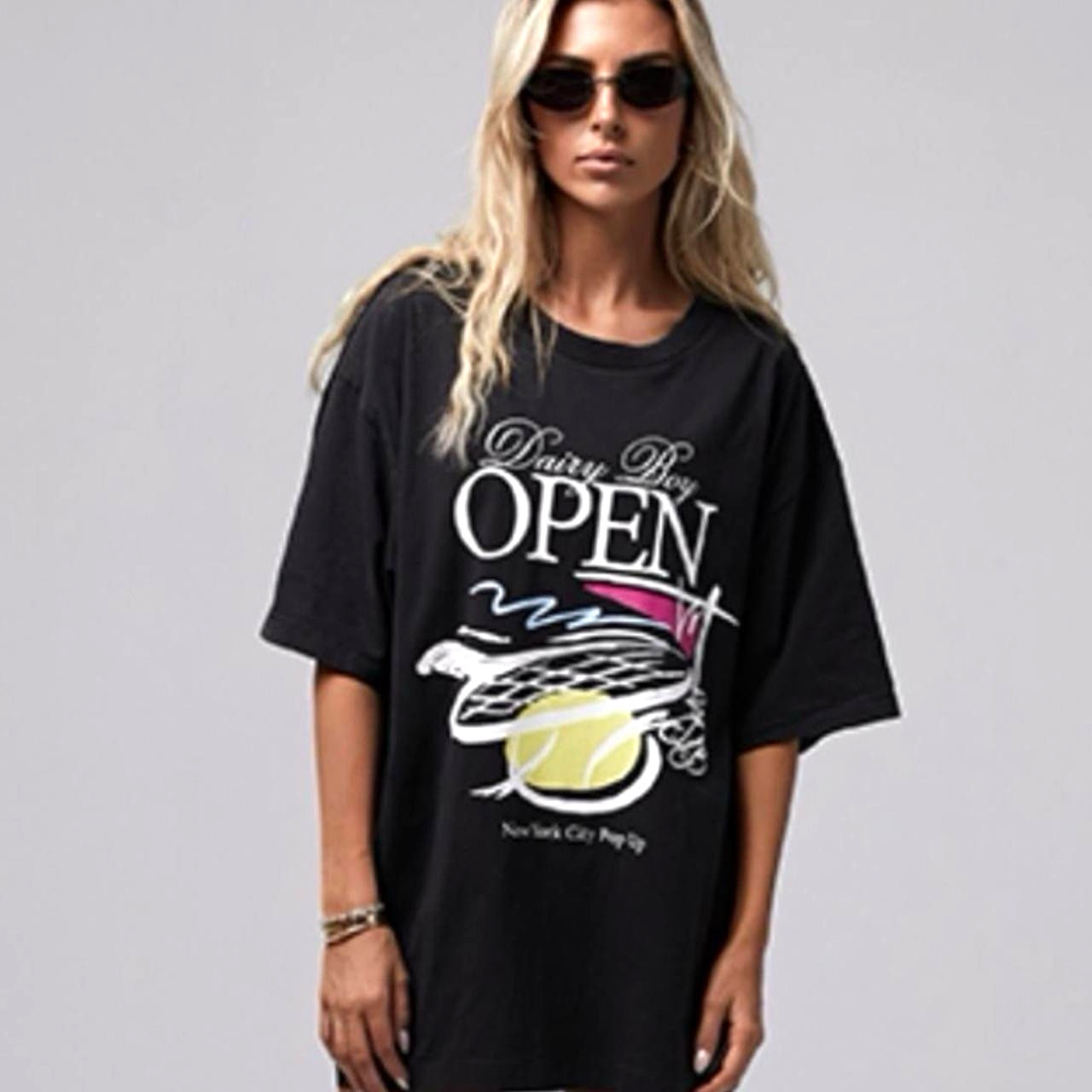 Dairy Boy OPEN New York City Pop Up Graphic T-Shirt Gray One Size Crew Neck