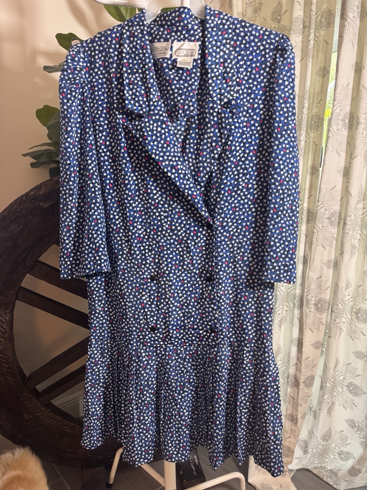 VTG 90s Liz Roberts Double Breasted Pleated Secretary Dress Blue White L