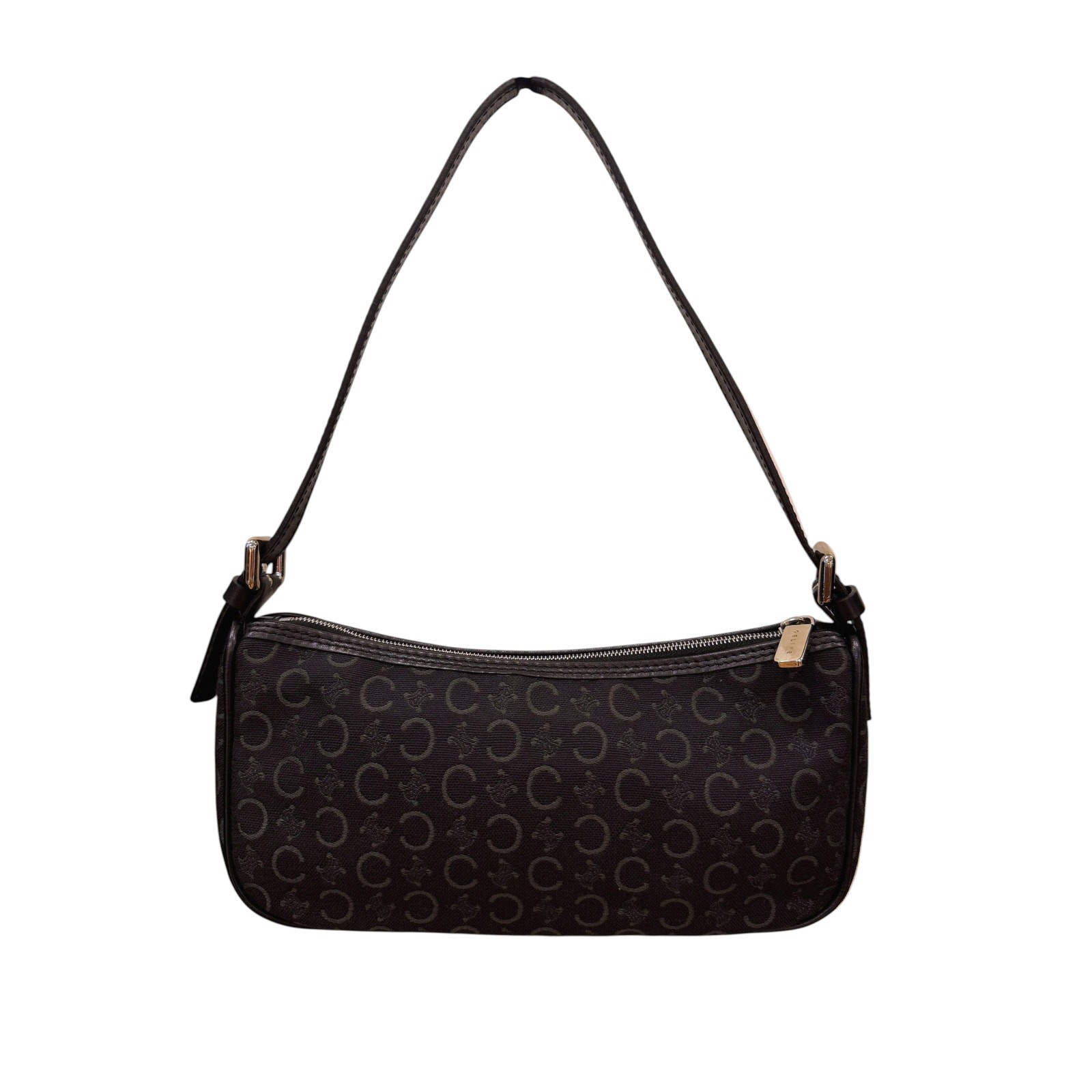CELINE C Monogram Jacquard Baguette Pochette Shoulder Bag Black Canvas Leather