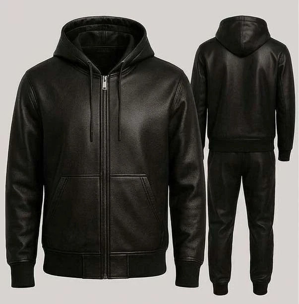Men Black Genuine Leather Tracksuit Jogging Suit Hooded Two Piece Set All Size