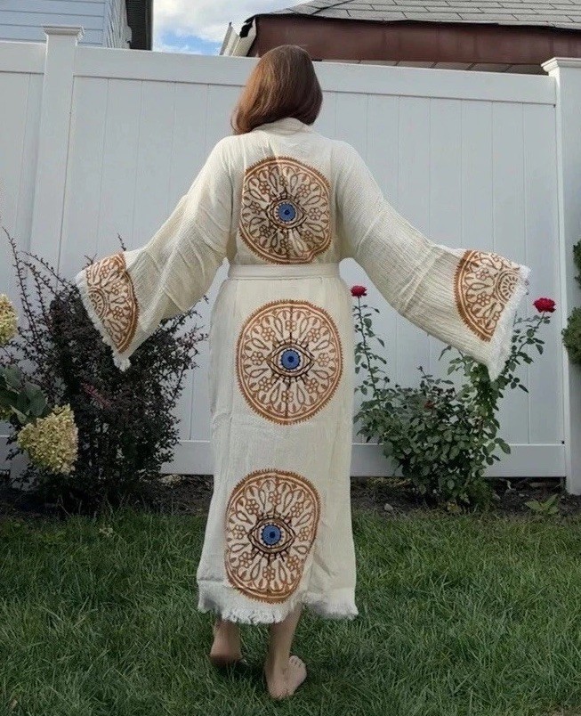 Handmade Turkish Kimono Robe Ivory Evil Eye Print Belted Beach Cover Up
