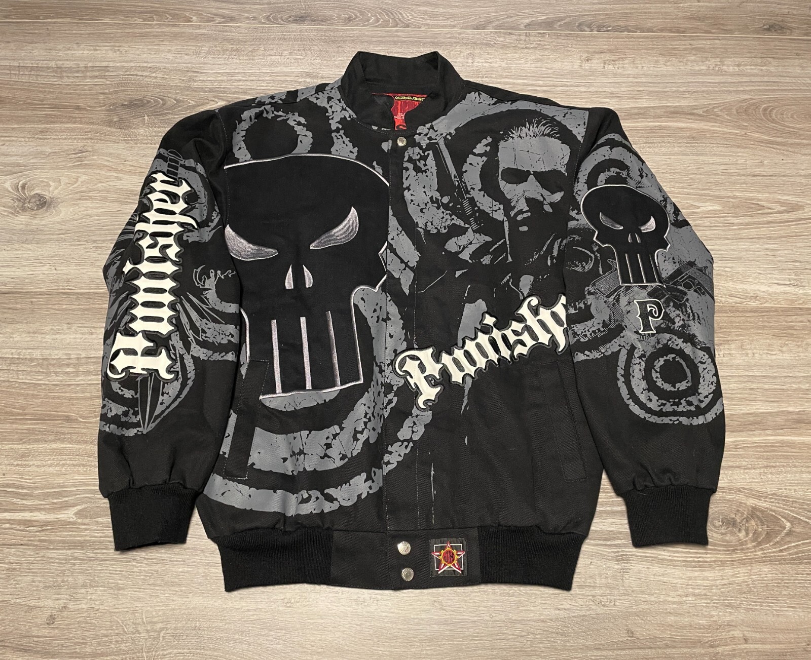 Vintage Jeff Hamilton The Punisher Marvel Extreme Bomber Jacket Mens M Y2K Skull