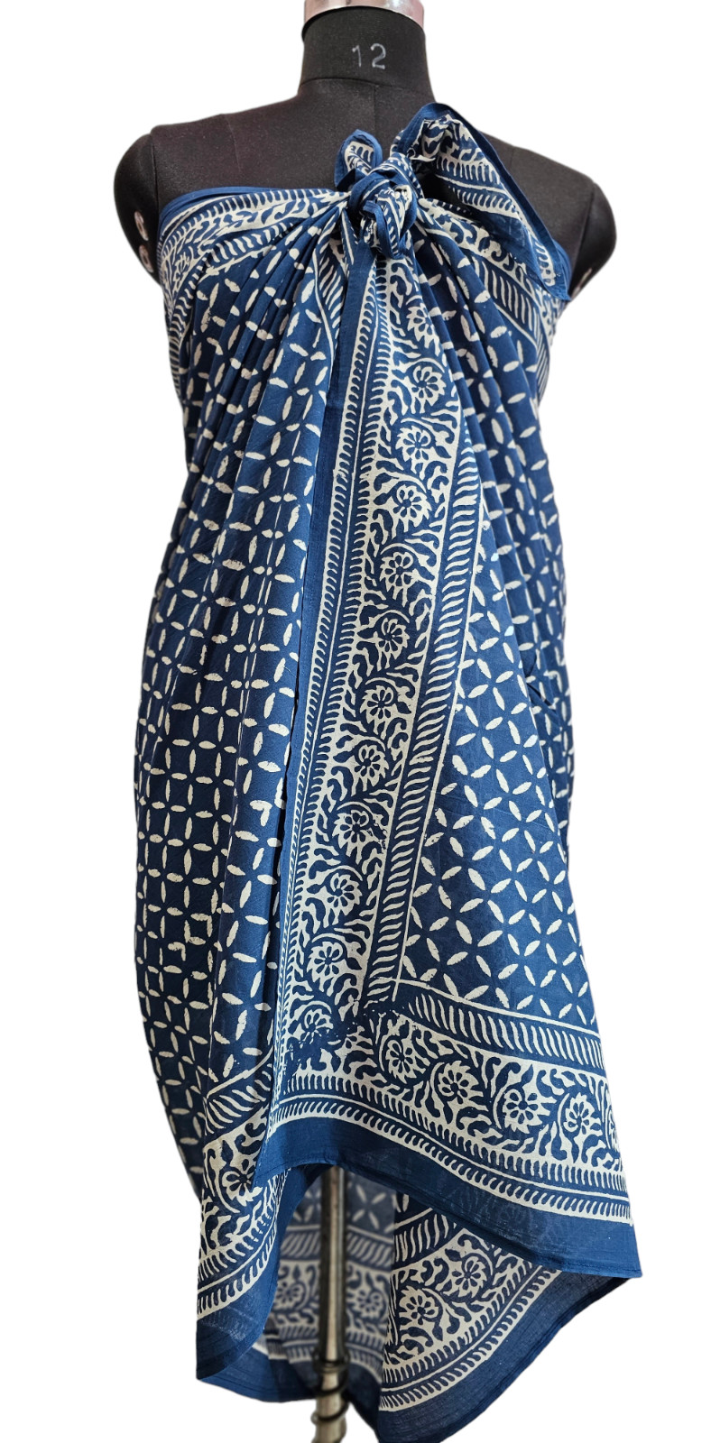 Indigo Handblock Printed Cotton Pareo Sarong Beach Coverup For Women