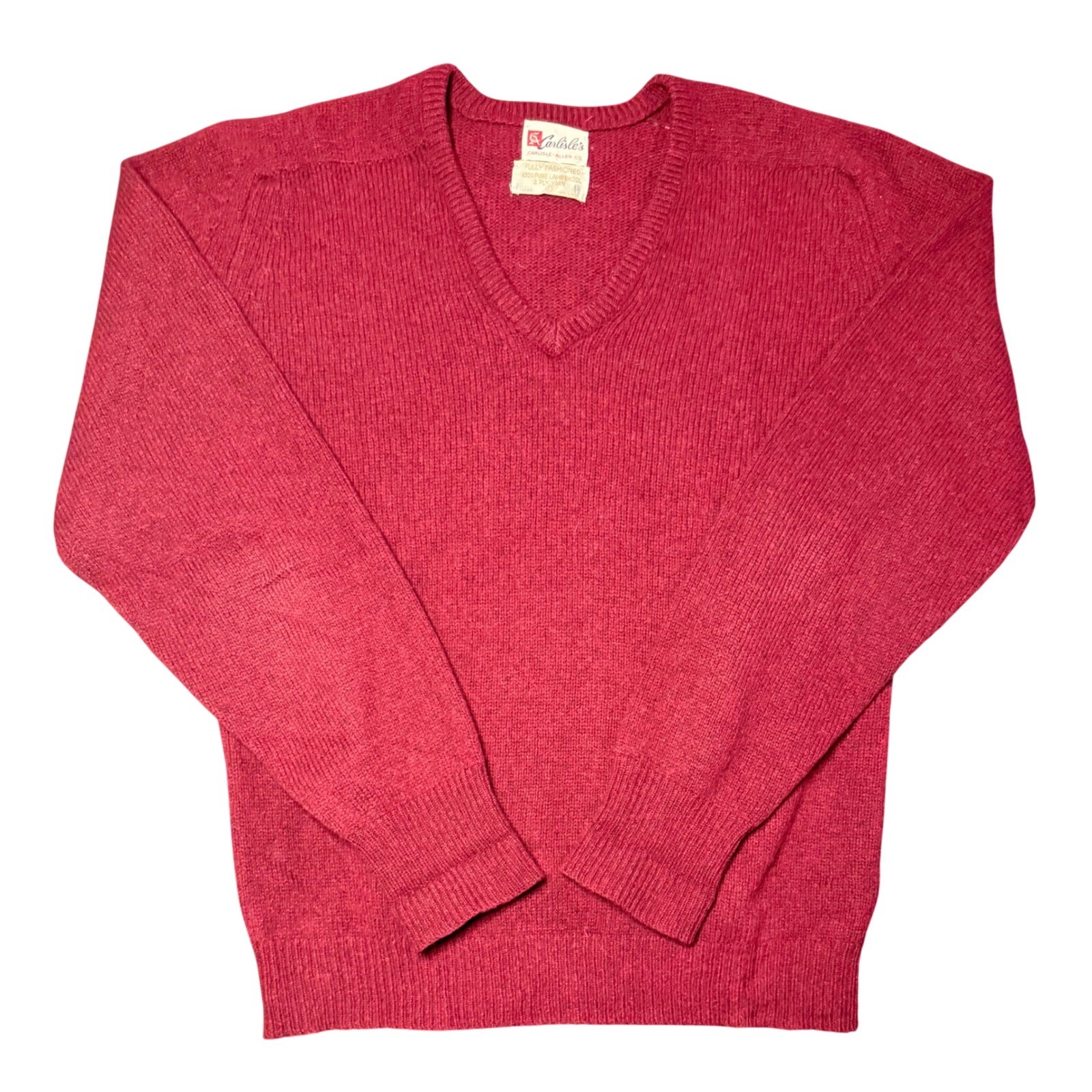 Carlisles Lambswool V-Neck Sweater Mens Large Red Vintage 2-Ply Knit