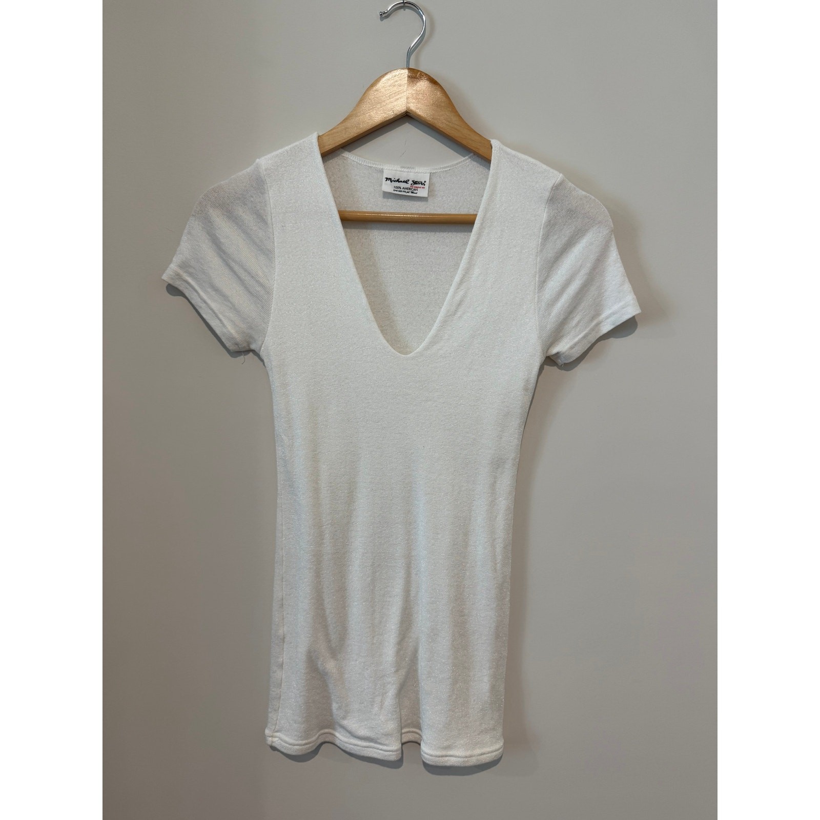 VTG Y2K Michael Stars Stretch White Shimmer V Neck Short Sleeve Fitted Tee O/S