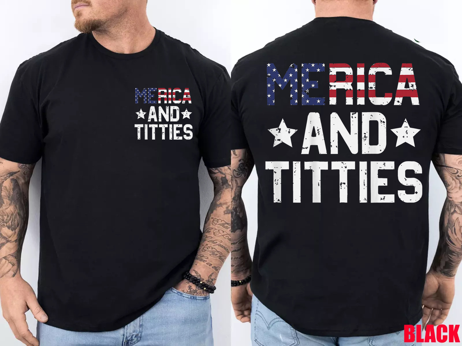 (2 Sided) Merica and Titties Funny 4th of July US Flag T-Shirt