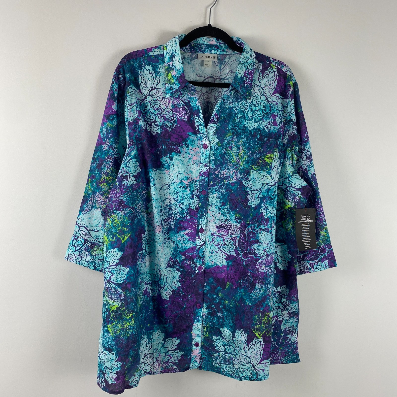 Catherines Button Up Shirt Size 1X Lightweight Cotton 3/4 Sleeves Teal Floral