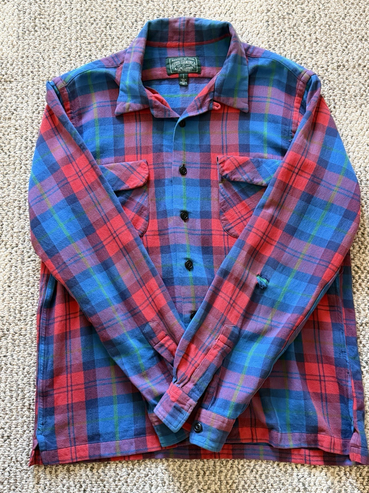 Vintage Polo Country Ralph Lauren Distressed Plaid Flannel Mens L