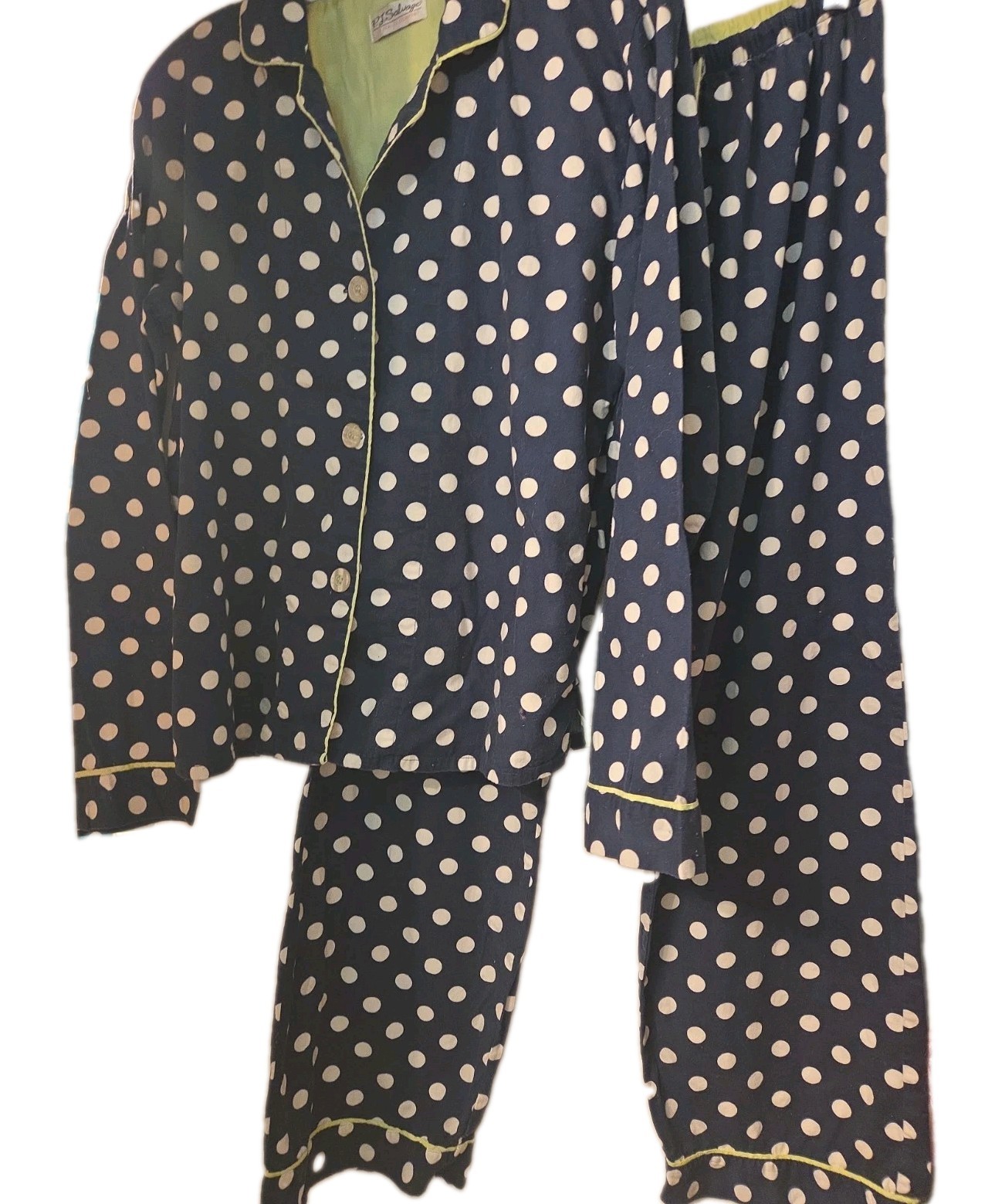 PJ Salvage Pajama Set  Navy & White  Polka Dot Lime Green Piping M COTTON NWOT