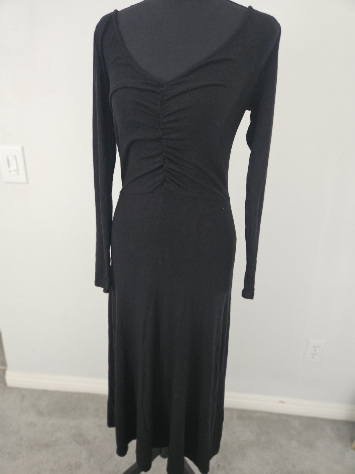 Lovestitch Bamboo Micro Rib Knit Midi Dress Black Ruched Long Sleeve NWT $73